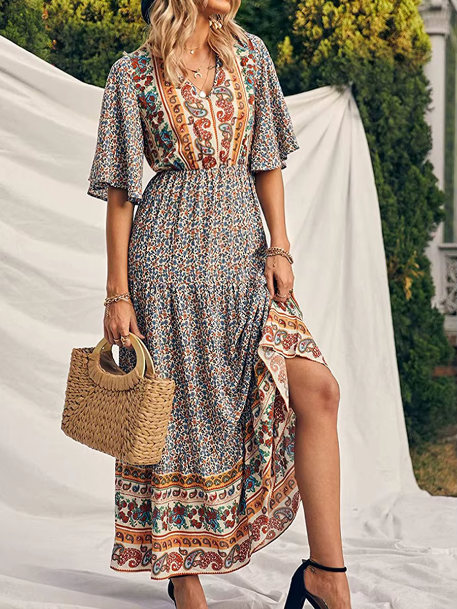 Robe longue décontractée à manches courtes et col en V pour femmes, design imprimé Boho, mode élégan