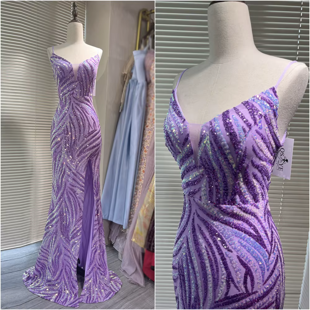 Robe de soirée sirène violette à sequins, bretelles spaghetti, col en V, robe de bal, motif pailleté