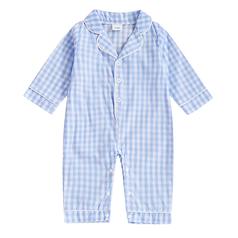 Pyjama à carreaux pour bébés filles et garçons, col rabattu, manches longues, body d'automne, combin