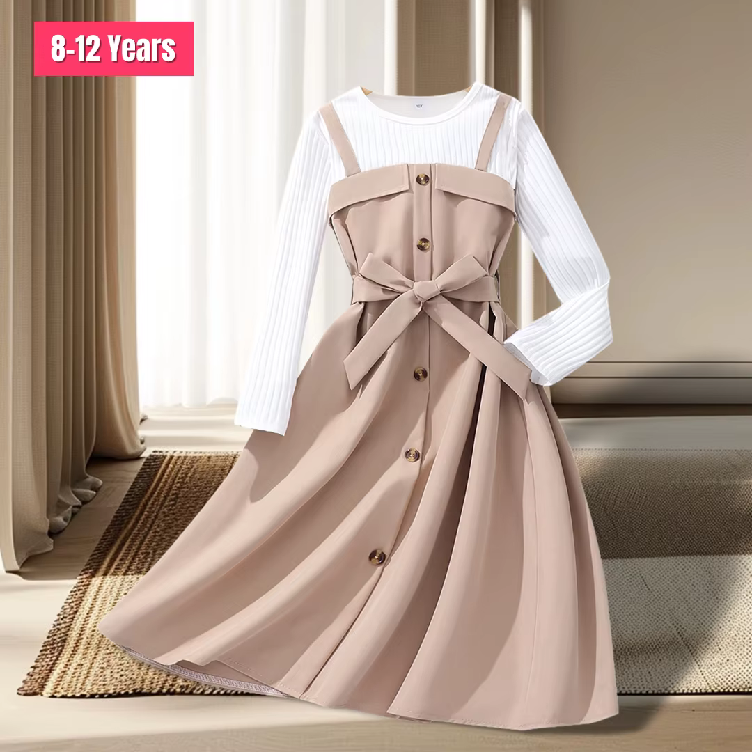 Robe vintage douce et chaude pour adolescentes, vêtements pour enfants, bouton de ceinture, ingent, 