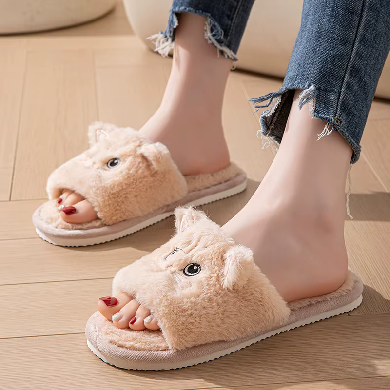 Nouvelles pantoufles moelleuses unisexe pour femme et fille, en coton et fourrure douce, motif chat 