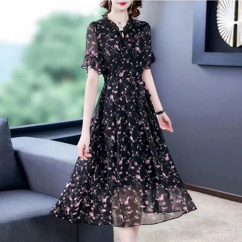 Femmes été en mousseline de soie imprimé robes 2025 printemps été longue élégante robe à cordon femm