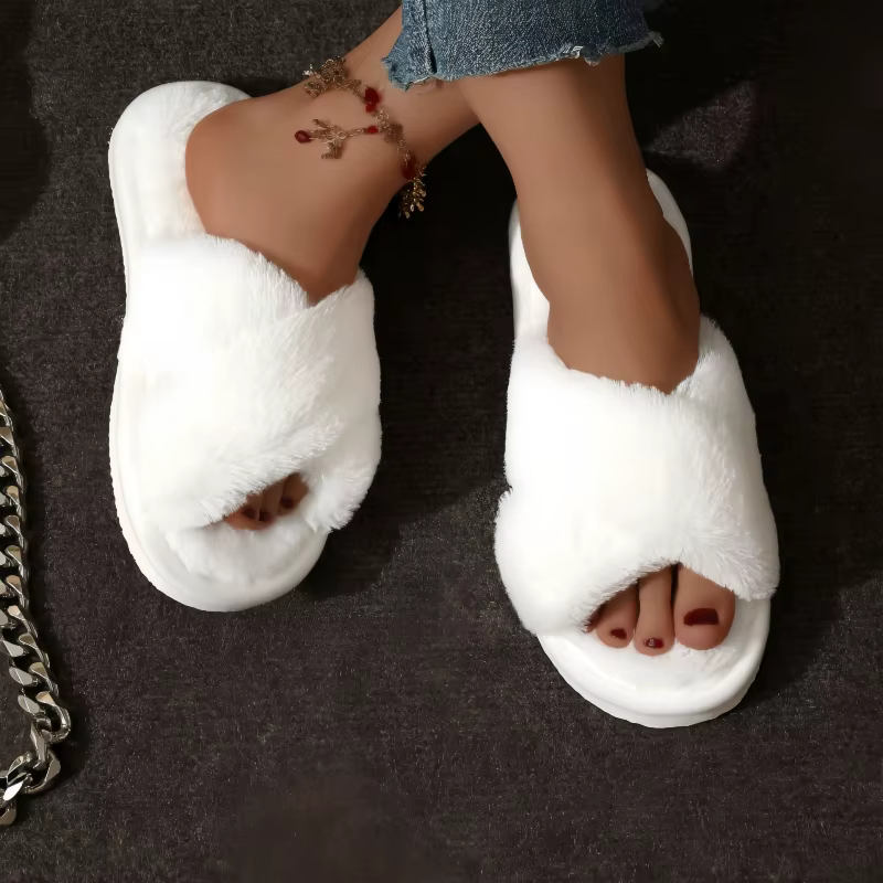 Pantoufles en peluche croisées moelleuses pour femmes, automne hiver, dames concises, diapositives d
