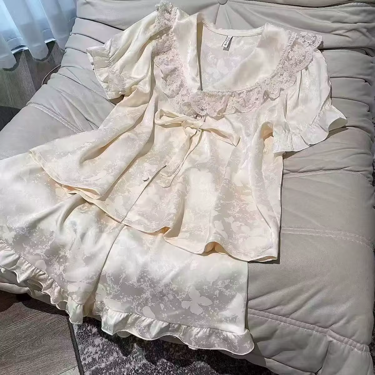 Doux jeune fille 2 pièces Pyjamas ensemble vêtements de nuit mignon col de poupée à manches courtes 