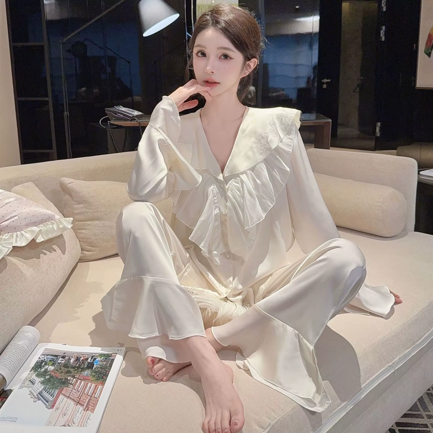 Ensemble pyjama à revers à volants pour femmes, vêtements de nuit, manches longues, pantalon, ample,