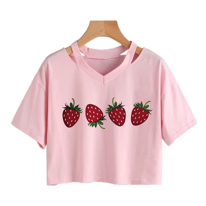 T-shirt court imprimé motif fraise, col rond, manches courtes, pour femme, vêtement décontracté prin
