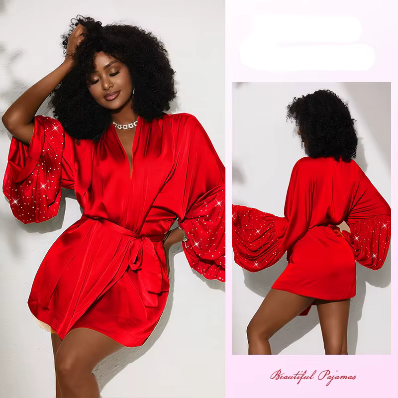 Robe Kimono Courte en Satin Brillant pour Femme, Manches Évasées, Ceinture à Nouer, Ouverte sur le D
