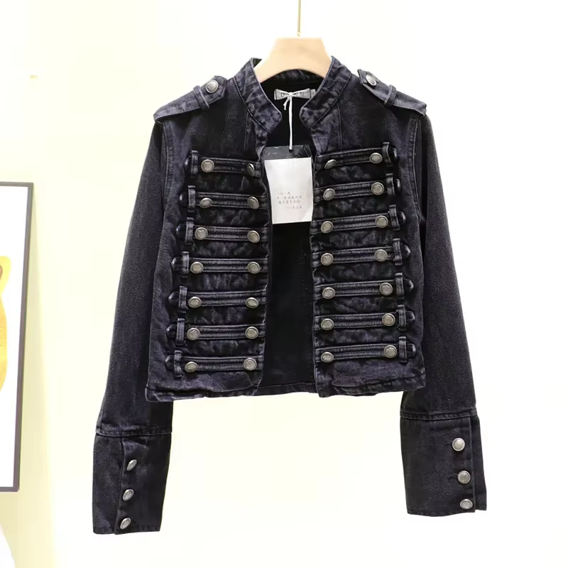 Printemps femmes col montant Double boutonnage Denim veste automne mince court jean veste noir à man
