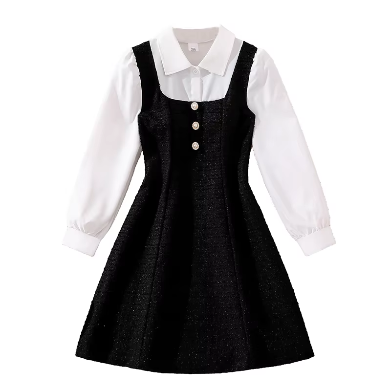 Robe en tweed noir et blanc pour filles de 8 à 12 ans, faux deux-pièces avec boutons perlés, style é