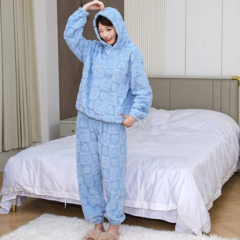 Ensemble de pyjama en polaire pour femme, vêtements de détente en polaire corail texturé à capuche, 