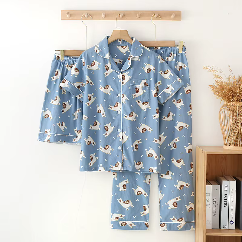Pyjama d'été trois pièces en coton pour femme, haut à manches courtes, short, pyjama fjadt, alpaga m