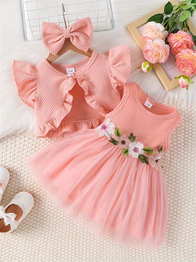 Robe d'été pour nouveau-né fille, gilet à fleurs, sans manches, haut court, en dentelle, en maille, 