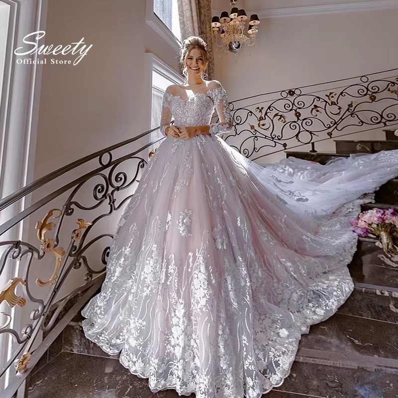 Robe de Mariée de Luxe en Dentelle avec Manches sulfet Col Rond, Vêtement de Bal avec lèvent Personn