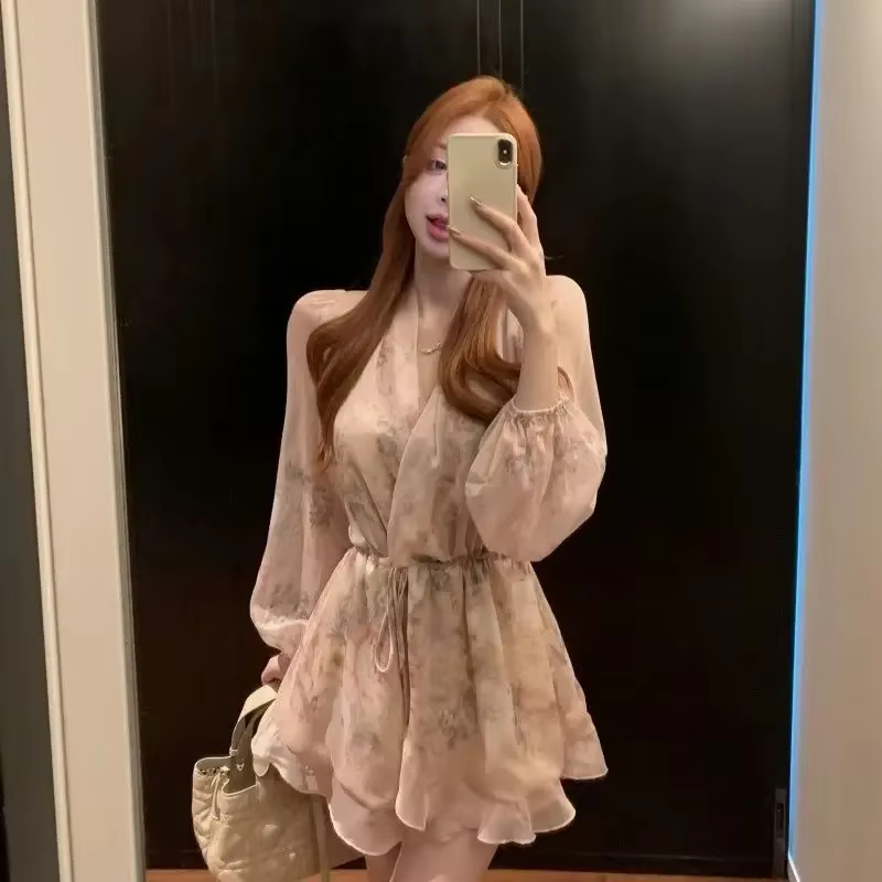 Robe florale en mousseline de soie à manches longues pour femmes, robes à volants en satin, ligne A,