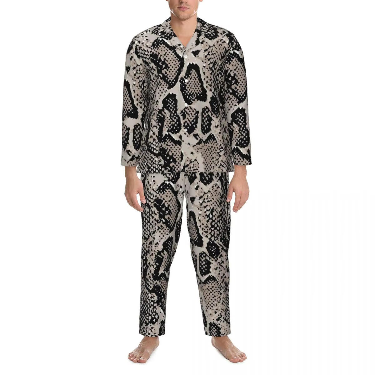Ensemble de pyjama imprimé rétro pour hommes, vêtements de nuit doux, manches longues, décontracté, 