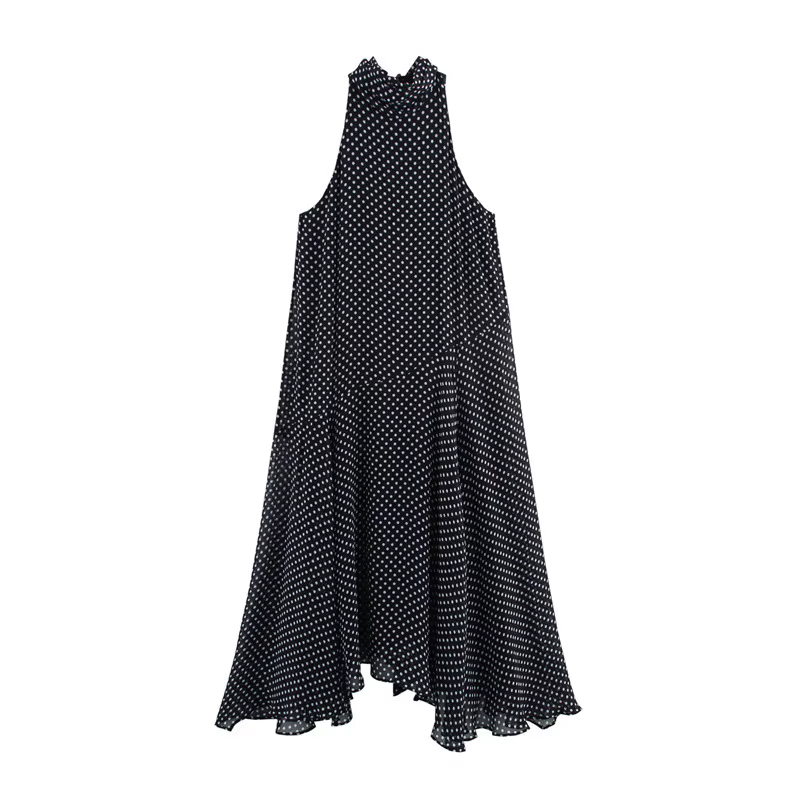Robes longues à pois pour femmes, élégantes, Chic, sans manches, col montant, robe mi-longue, avec n