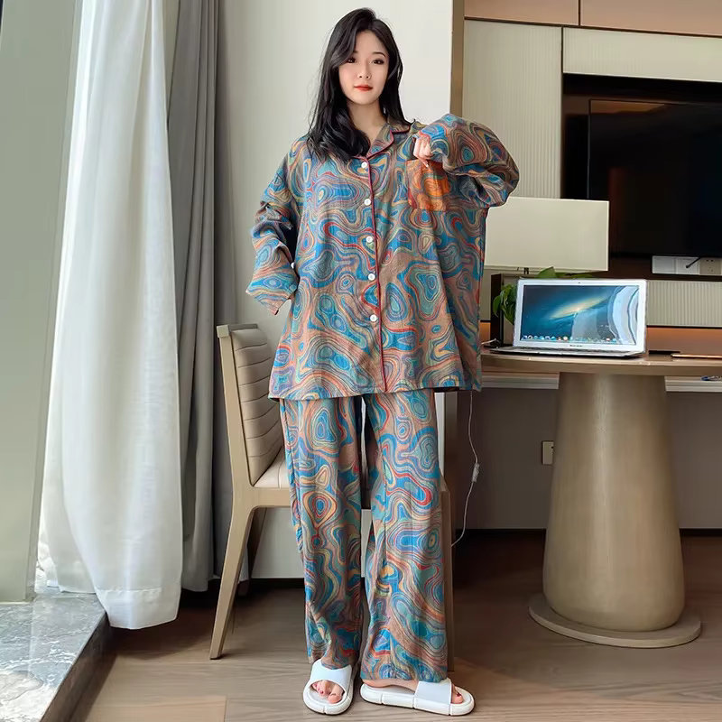 Pyjama Deux Pièces en Pur Coton pour Femme, Pantalon Imprimé à Manches sulf, Cardigan à Revers, Ense