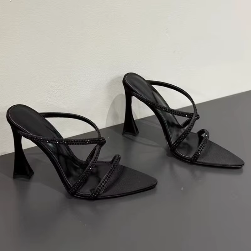 Pantoufles à cristaux croisés marron, Style étrange, Mules à enfiler sur l'air latéral pour femmes, 