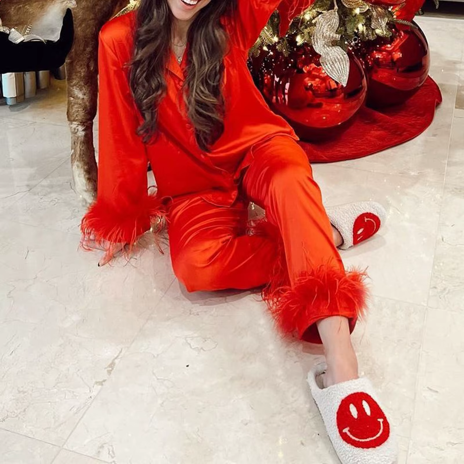 Noël femmes 2 pièces pyjama ensemble à manches longues gland clapet revers boutonné chemise hauts pa