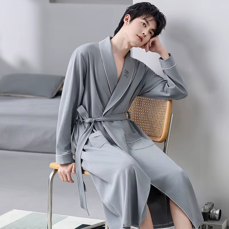 Printemps automne peignoir hommes 100% coton haut de nuit Kimono Robes pour homme solide Robes longu