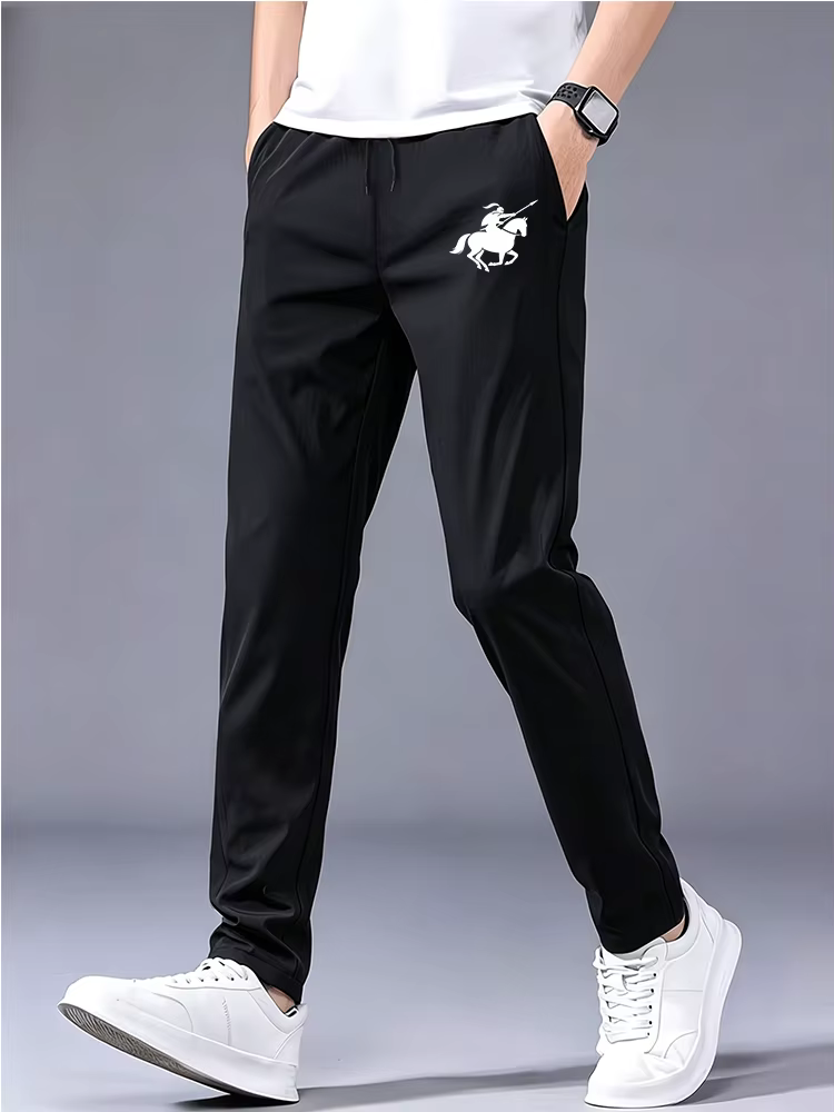 Men White Horse Rider Polo Print Ice Silk Casual Pants Drawstring Elastic Waist Straight Leg Quick D
