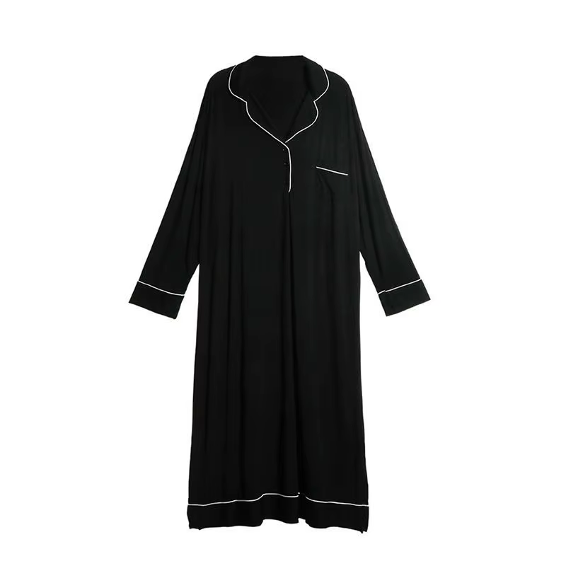 Chemise de nuit noire pour femme, vêtements de nuit d'automne, manches longues, longueur de rinçage,