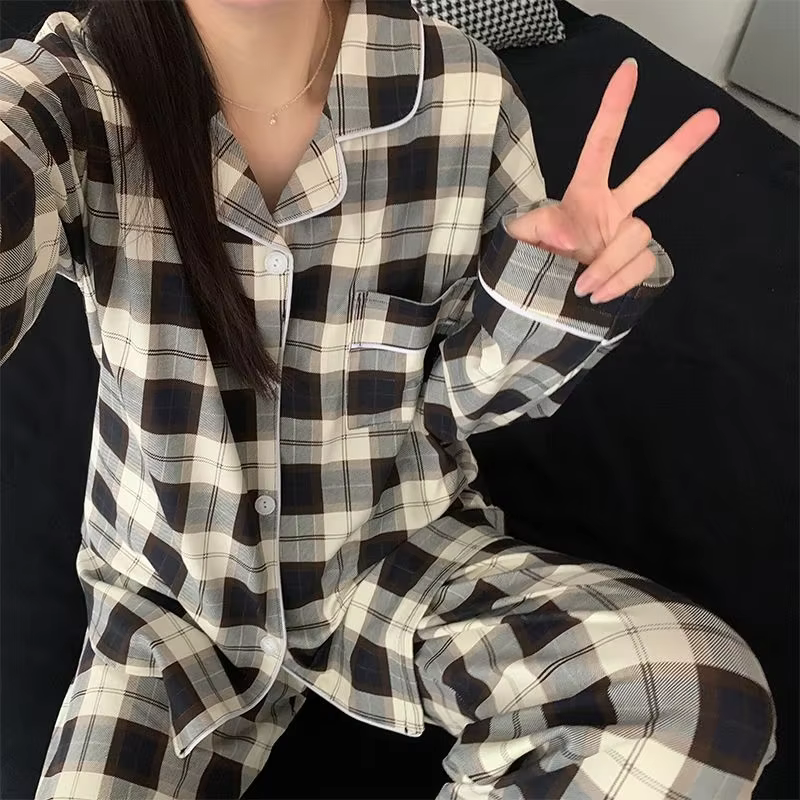 Pyjama Femme Tendance Vintage Imprimé Carreaux Noirs, Style Littéraire Mature, Décontracté pour la M