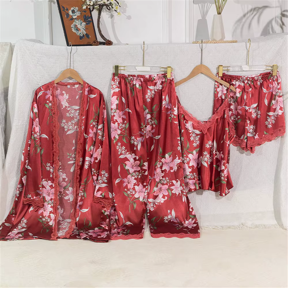 Grande taille femmes Pyjamas 4 pièces ensemble soyeux maison vêtements Pijamas costume imprimé fleur