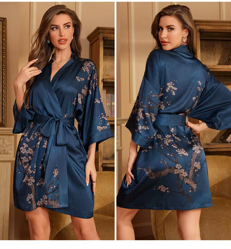 Robe de nuit en satin pour femmes, vêtements de détente, peignoir kimono imprimé soyeux, vêtements d
