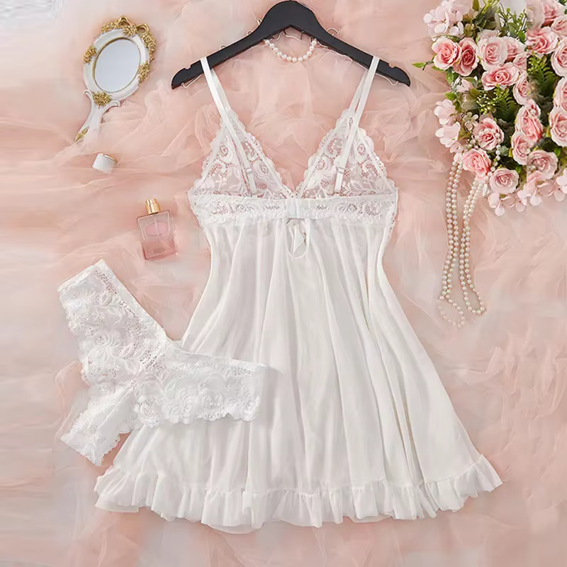 Chemise de nuit en Tulle bleu pour femmes, bretelles en dentelle, col en v, Lingerie, sous-vêtements