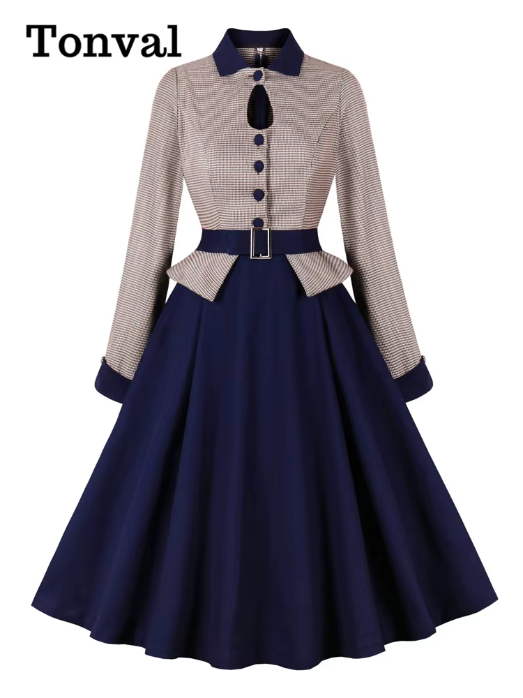Tonval – robe mi-longue en coton pour femmes, boutons ajourés, manches longues, Peplum, élégante, lu