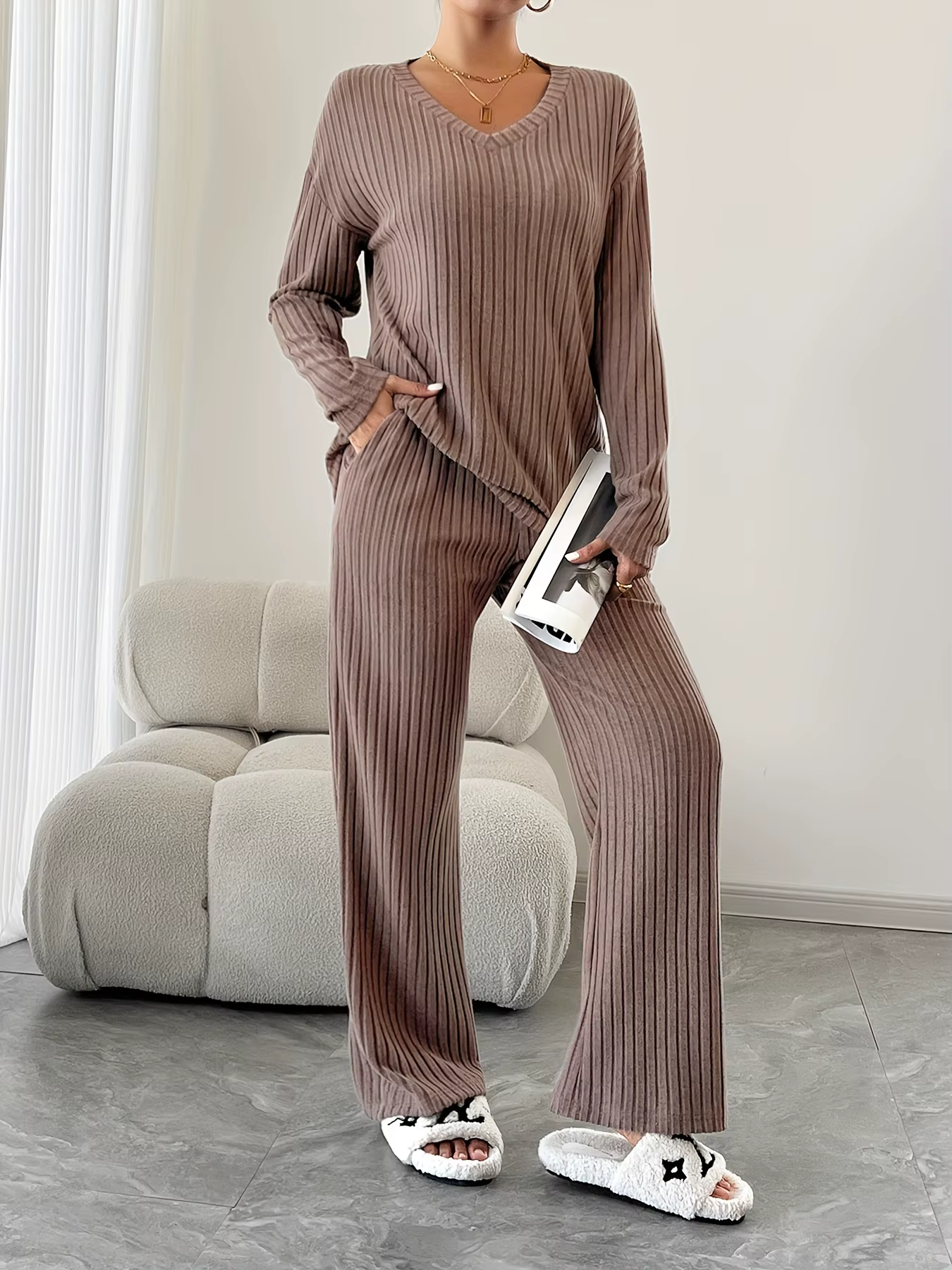 Ensemble pyjama 2 pièces pour femmes, col en v, hauts en tricot côtelé et pantalons longs, vêtements