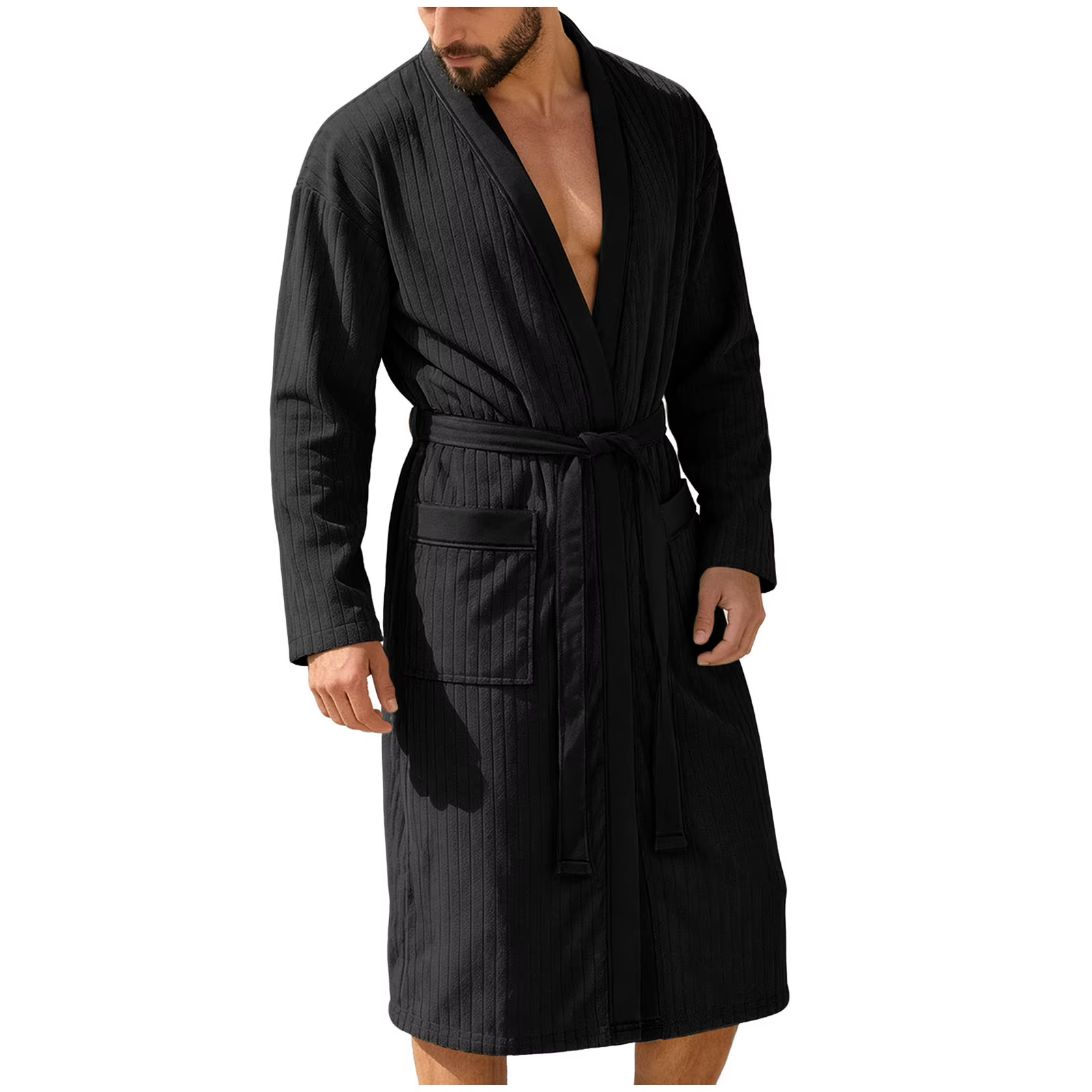 Peignoir en tricot grande taille pour homme, séchage rapide, avec ceinture, color block, long, pour 