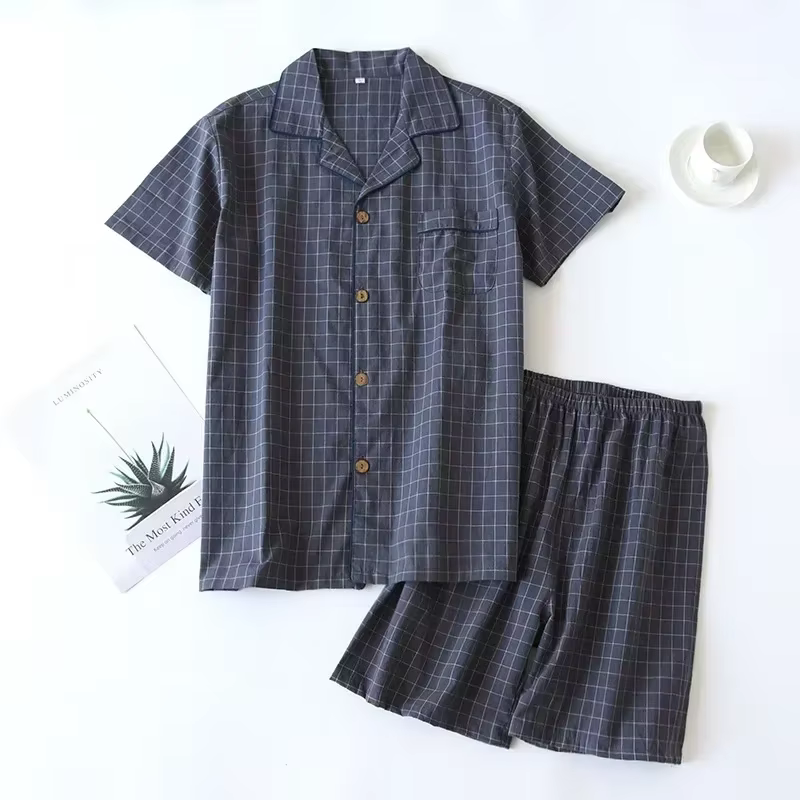 Ensemble pyjama d'été pour hommes, Short fin à manches courtes, en coton doux, à carreaux japonais, 