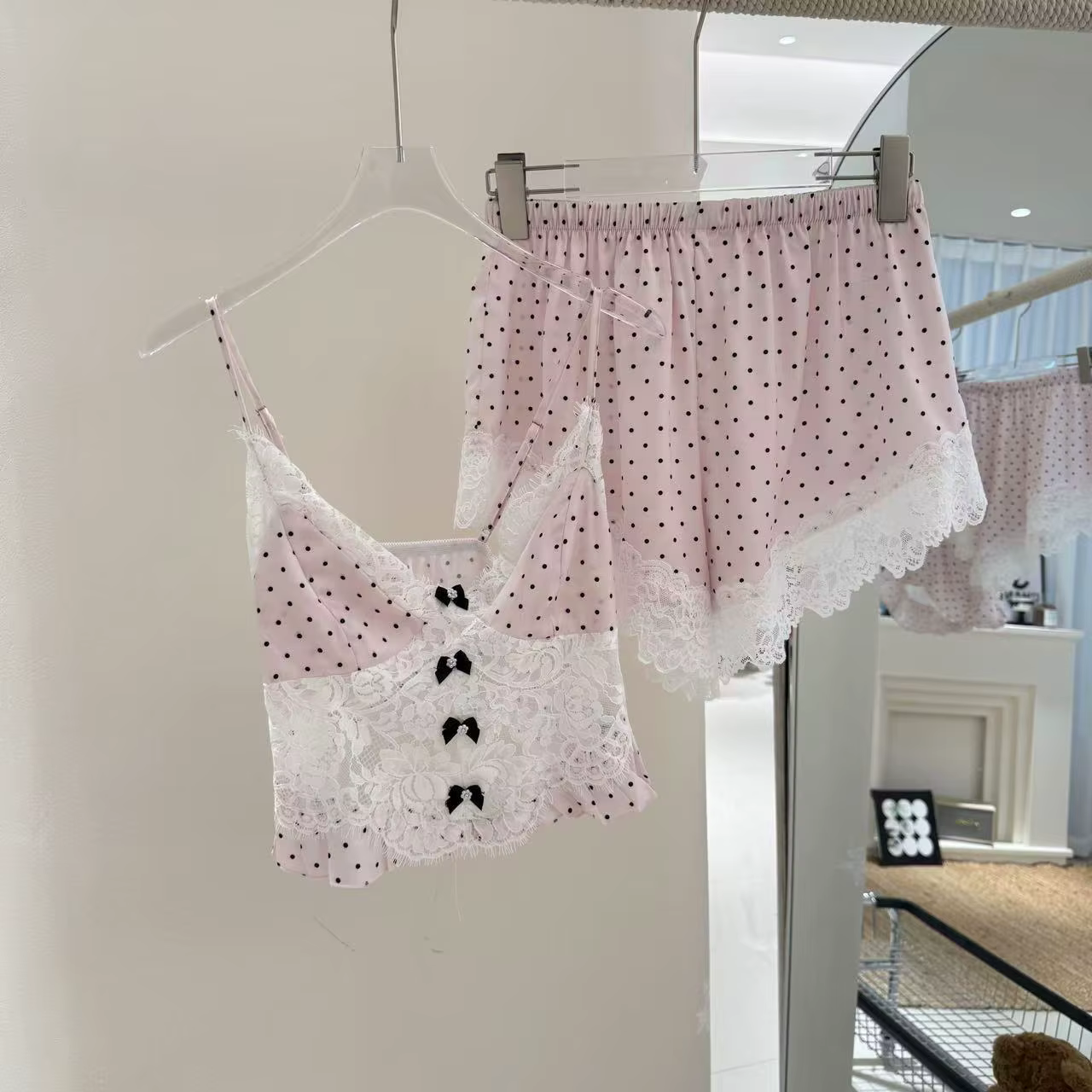 Ensemble pyjama imprimé à pois pour femmes, vêtements de nuit, Sexy, Patchwork, dentelle, sangle ave