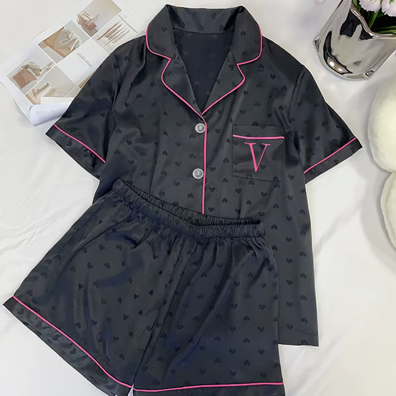 Vêtements de nuit d'été pour femmes: soie glacée Cool-Touch manches courtes Premium noir imprimé coe