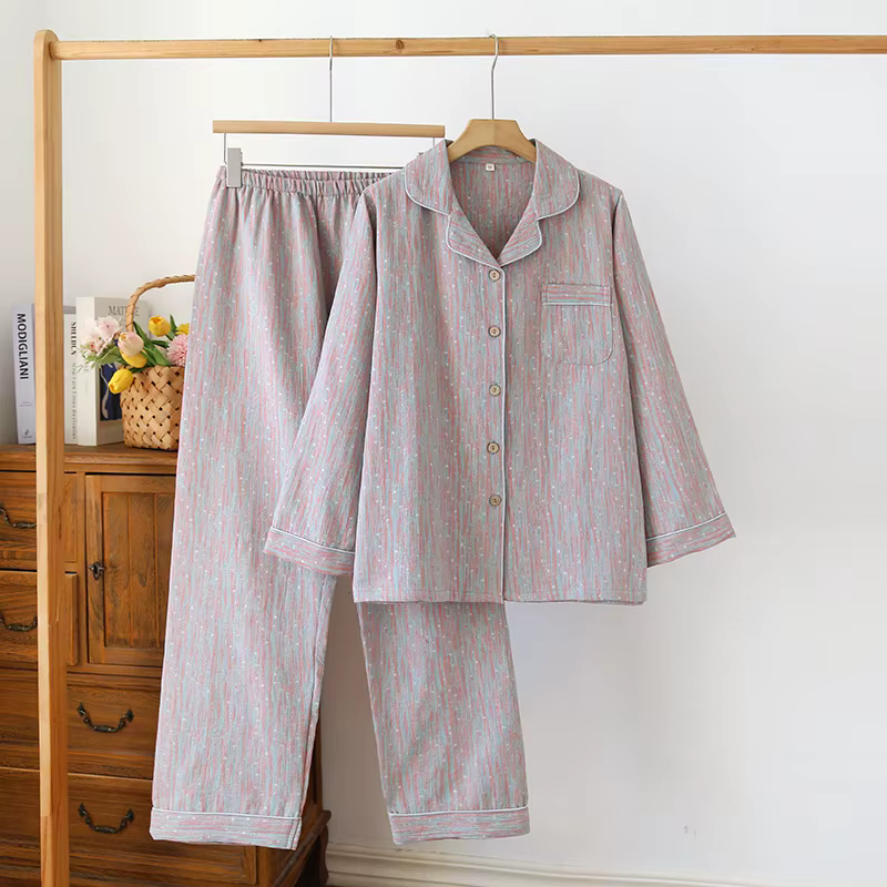 Pyjama rayé en pur coton pour femmes, vêtements de maison, nuisette, ensemble pantalon à manches lon