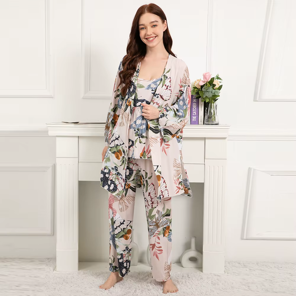 Ensemble pyjama 100% Viscose pour femmes, 3 pièces, vêtements de nuit amples pour la maison, imprimé