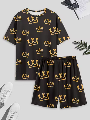 Ensemble de pyjama pour homme, comprenant un haut à manches courtes et un short imprimés couronne, v