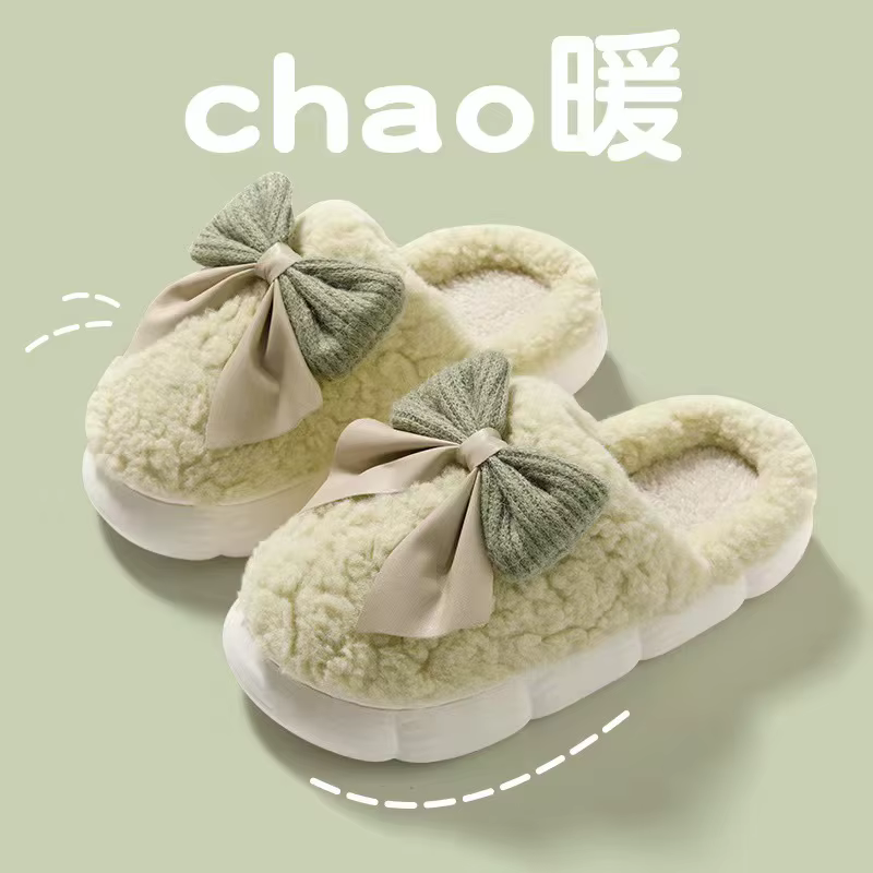 Pantoufles chaudes d'hiver en fourrure pour femmes, chaussures souples antidérapantes avec nœud mign
