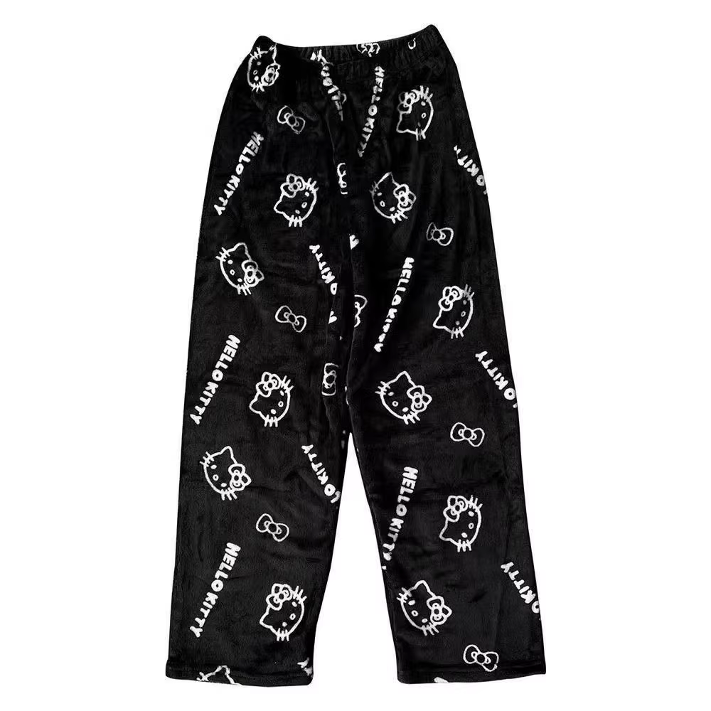 Pyjama en flanelle Hello Kitty, pantalon thermique noir, vêtements de détente tendance, pantalon déc