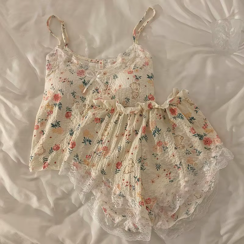 Ensembles de pyjama en dentelle florale pour femmes, vêtements de nuit d'été, short camis, mince, re