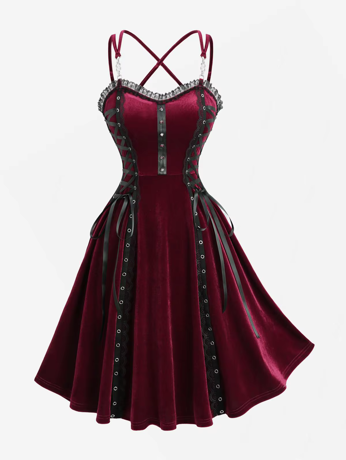 Femmes gothique Vintage robes Costume à lacets PU sangle Rivet croisé à bretelles velours Halloween 