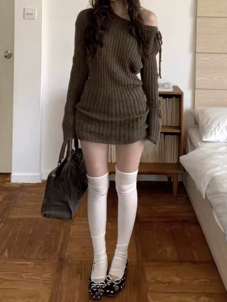 Nouvelle Robe en Tricot Marron Doux Style Coréen pour Femme, Robe Sexy à Bretelles Printemps, Esthét