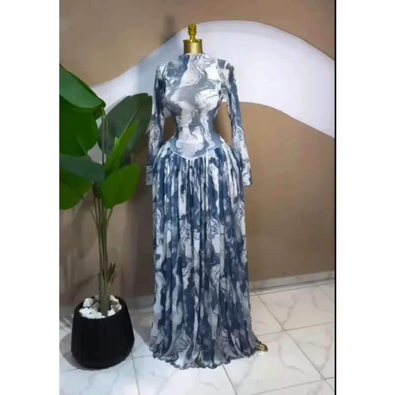 Robe longue maxi pour femme à manches longues, imprimé tie-dye, col rond, coupe évasée, style A-line