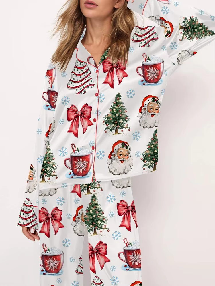 Ensemble de pyjama imprimé sapin de Noël pour femme, manches longues, confortable, décontracté, à la