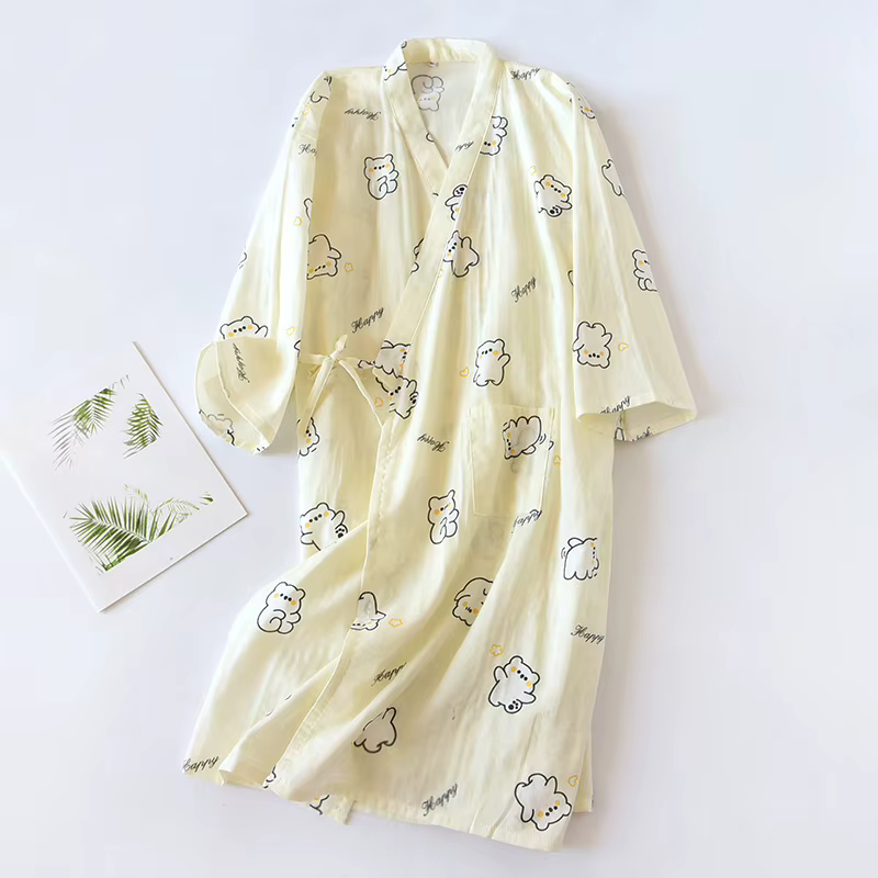 Kimono Femme Printemps/Été 2026 – Pyjama Long en Gaze 100% Coton Imprimé, Robe de Nuit, Yukata SPA,