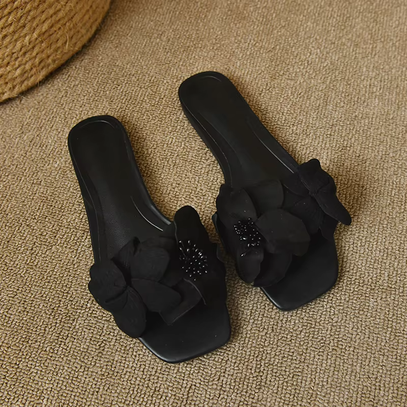 Pantoufles Mule à fleurs éternelles pour femmes, tongs élégantes d'extérieur, sandales à glissière f
