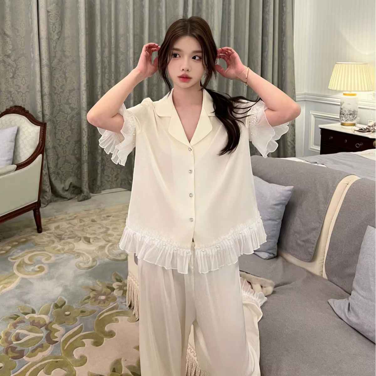 Ensemble pyjama 2 pièces pour femmes, vêtements de détente élégants en dentelle, volants, manches co