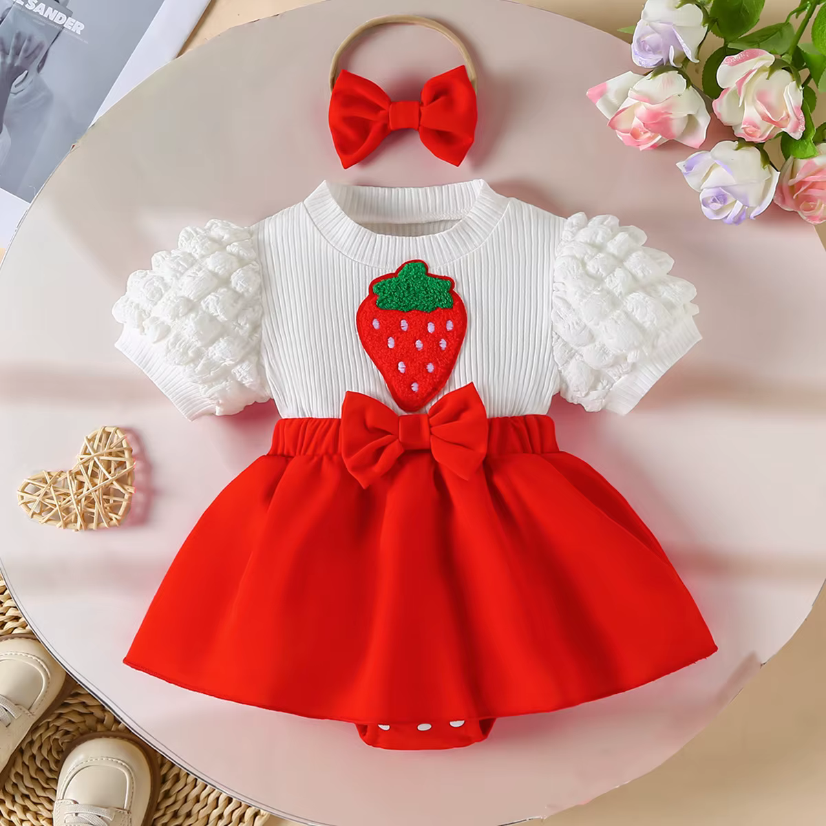 Prowow 2026 bébé fille body manches volantes broderie fraise nœud papillon rouge barboteuse robes po